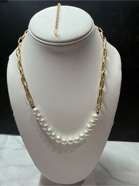 Handmade Gold Tone Paperclip Chain and Faux Pearl Drop Necklace